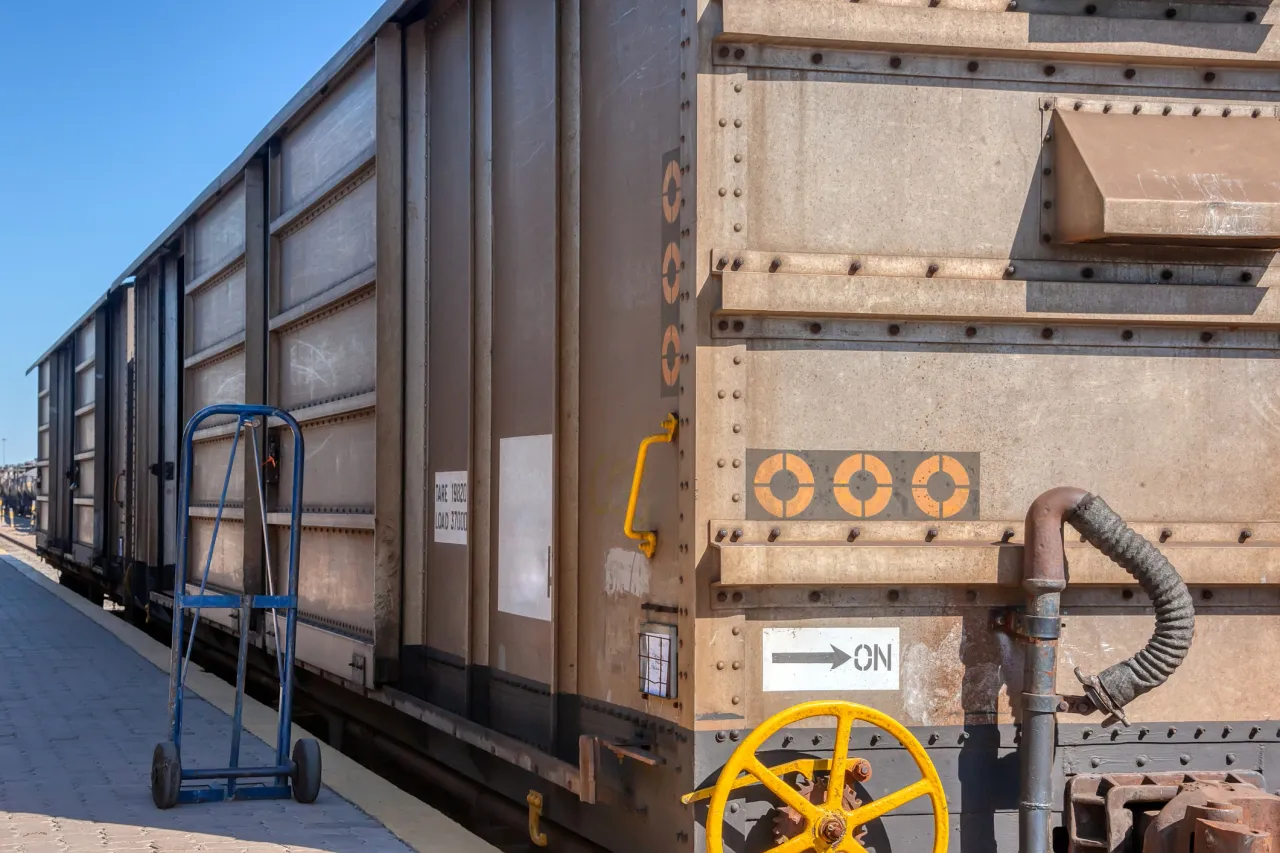 Rail-served warehousing facility with Union Pacific rail cars